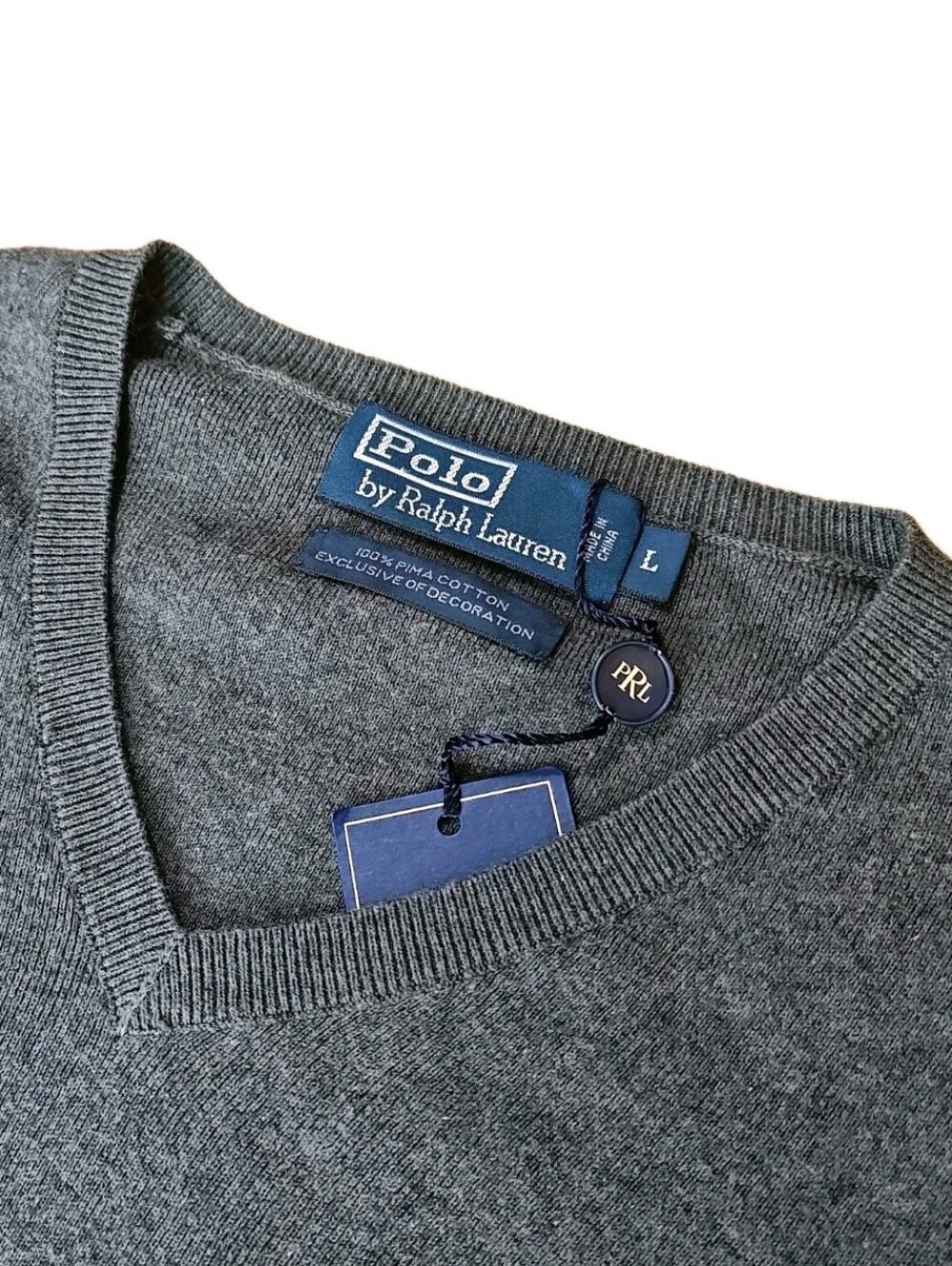 Vtg 90s Polo Ralph Lauren Preppy V-Neck Sweater Gray Pima Cotton Slim Large Nwt